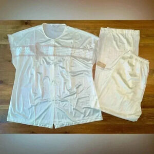 1980s Vanity Fair Pajama Set | White Satin Top/Bottom | Women’s M NEW